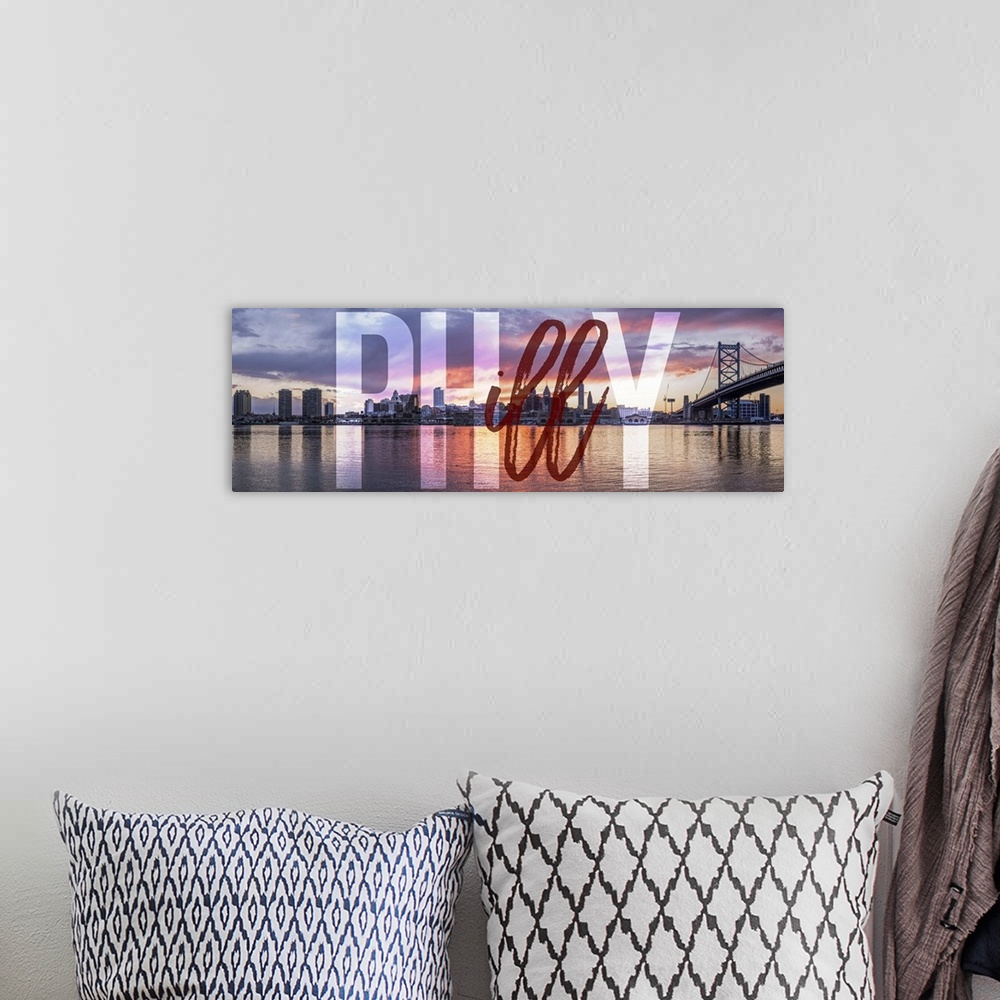 A bohemian room featuring Philly Transparent typography art overlay against a photograph of the Philadelphia city skyline a...