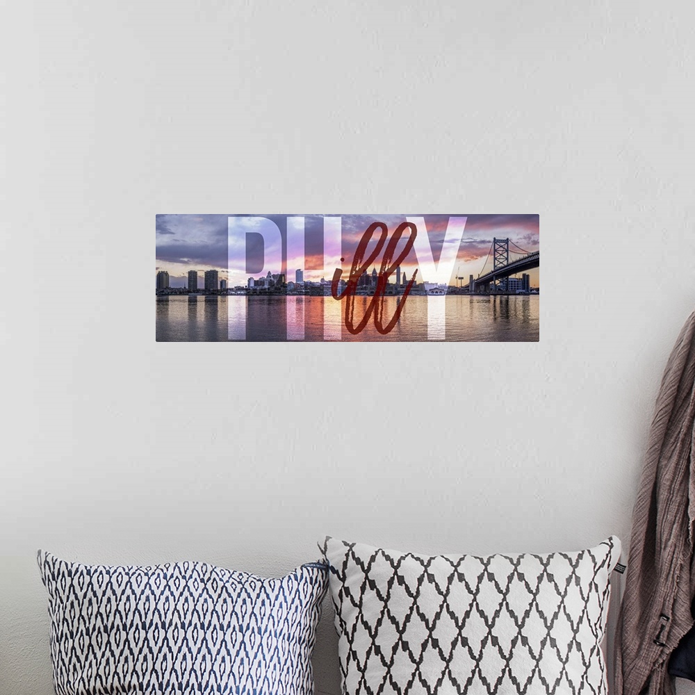 A bohemian room featuring Philly Transparent typography art overlay against a photograph of the Philadelphia city skyline a...