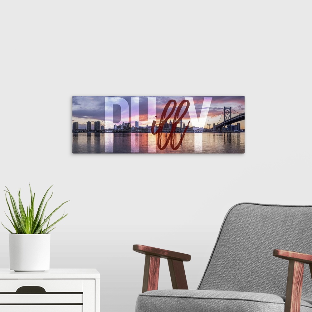 A modern room featuring Philly Transparent typography art overlay against a photograph of the Philadelphia city skyline a...