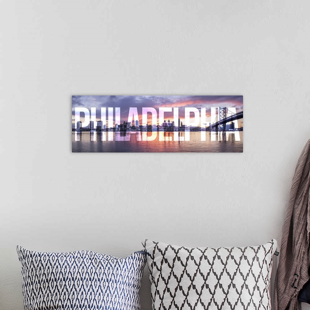 A bohemian room featuring Transparent typography art overlay against a photograph of the Philadelphia city skyline and the ...