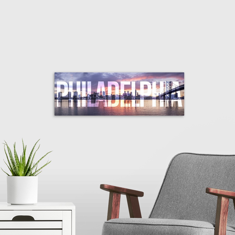 A modern room featuring Transparent typography art overlay against a photograph of the Philadelphia city skyline and the ...
