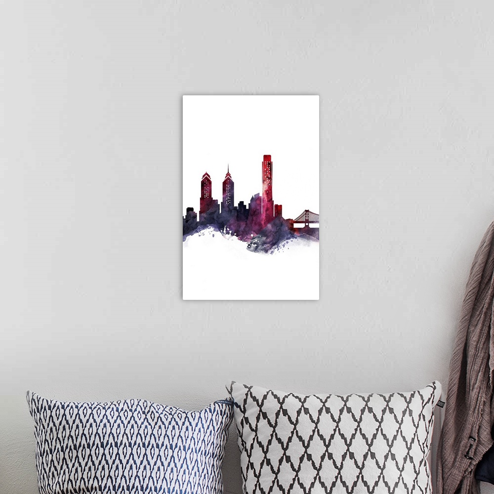 A bohemian room featuring The Philadelphia city skyline in colorful watercolor splashes.