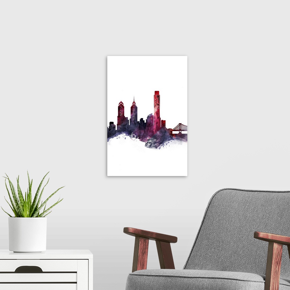 A modern room featuring The Philadelphia city skyline in colorful watercolor splashes.