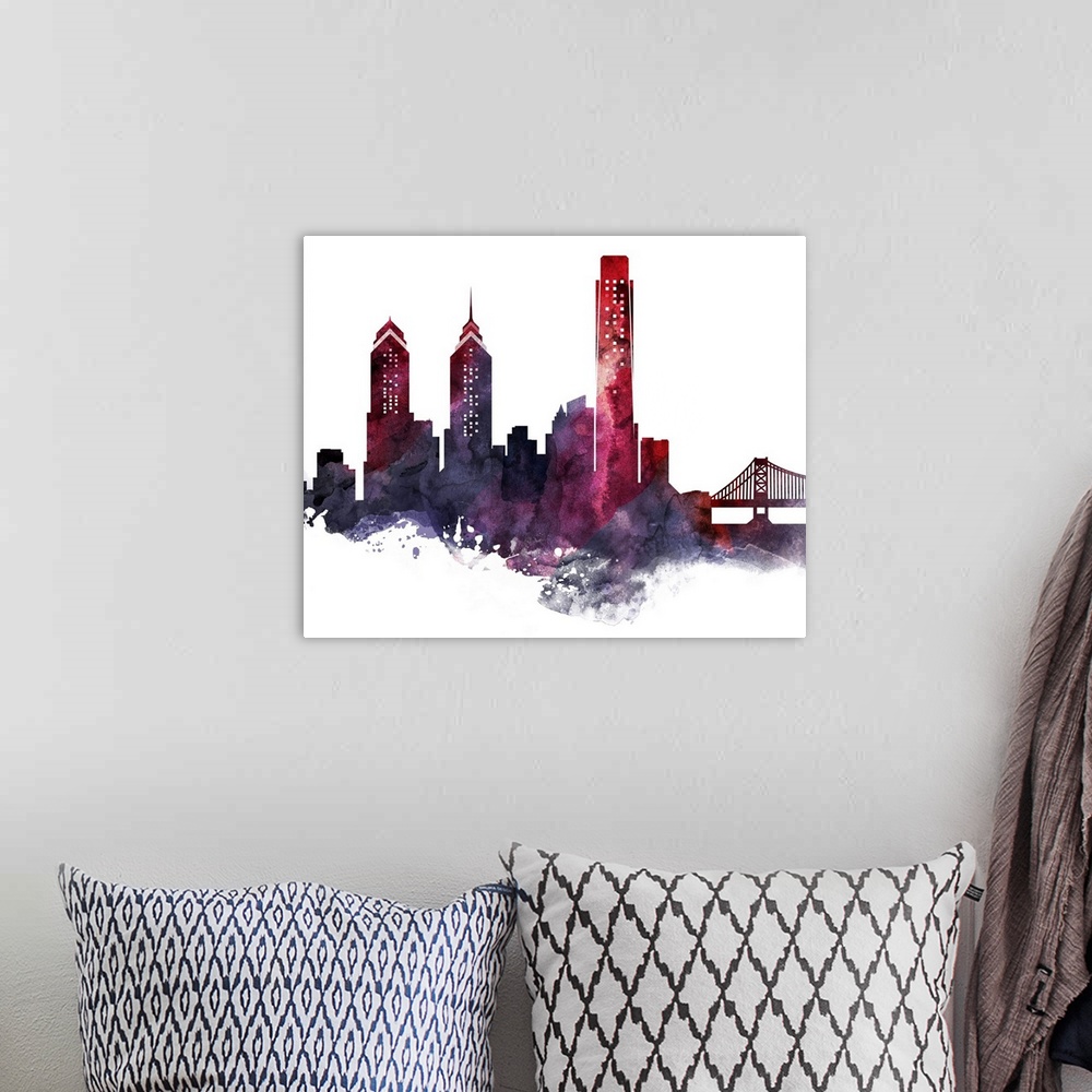 A bohemian room featuring The Philadelphia city skyline in colorful watercolor splashes.