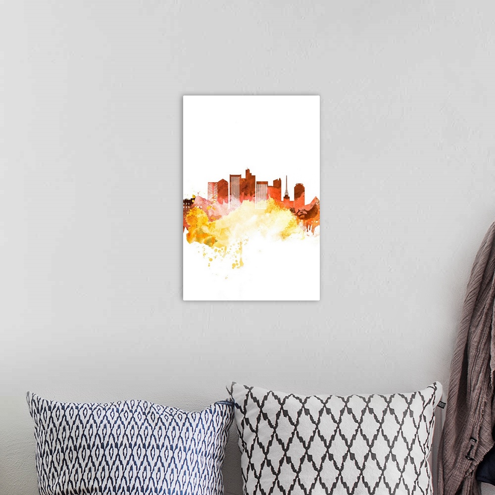 A bohemian room featuring The Phoenix, Arizona city skyline in orange and yellow watercolor splashes.