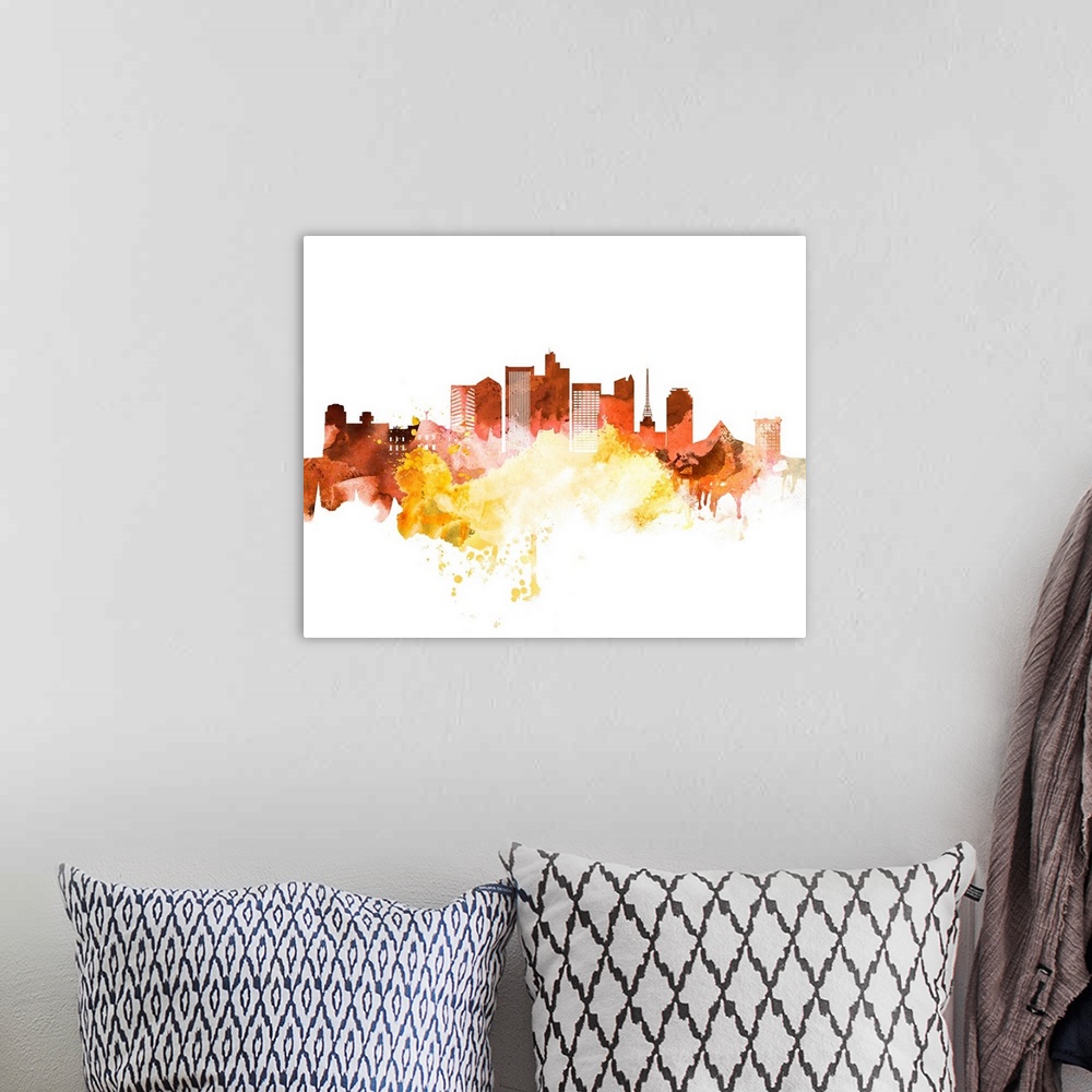 A bohemian room featuring The Phoenix, Arizona city skyline in orange and yellow watercolor splashes.