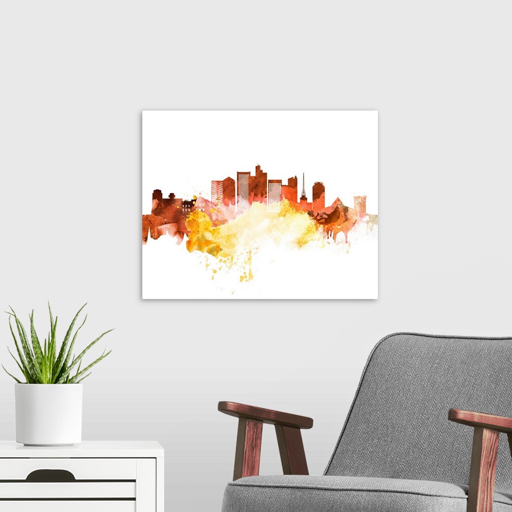 A modern room featuring The Phoenix, Arizona city skyline in orange and yellow watercolor splashes.