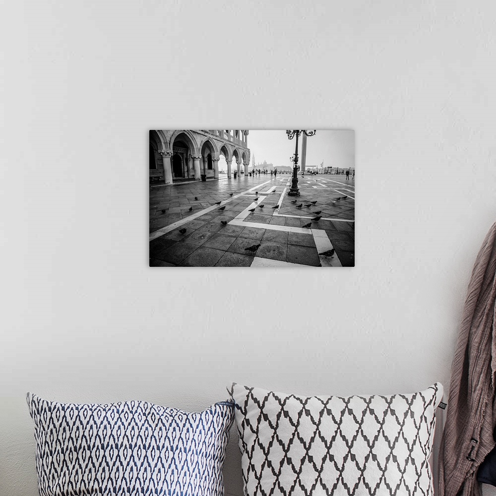 A bohemian room featuring Photograph of the pigeons at St. Mark's square in Venice, Italy.