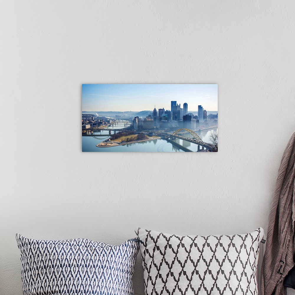 A bohemian room featuring Photo of morning dew at downtown Pittsburgh with Point State Park. The forks of the Ohio.