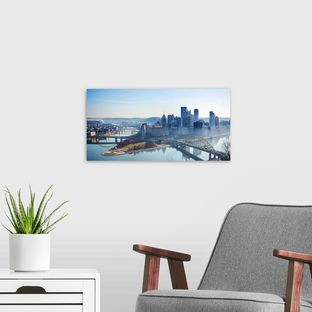 A modern room featuring Photo of morning dew at downtown Pittsburgh with Point State Park. The forks of the Ohio.