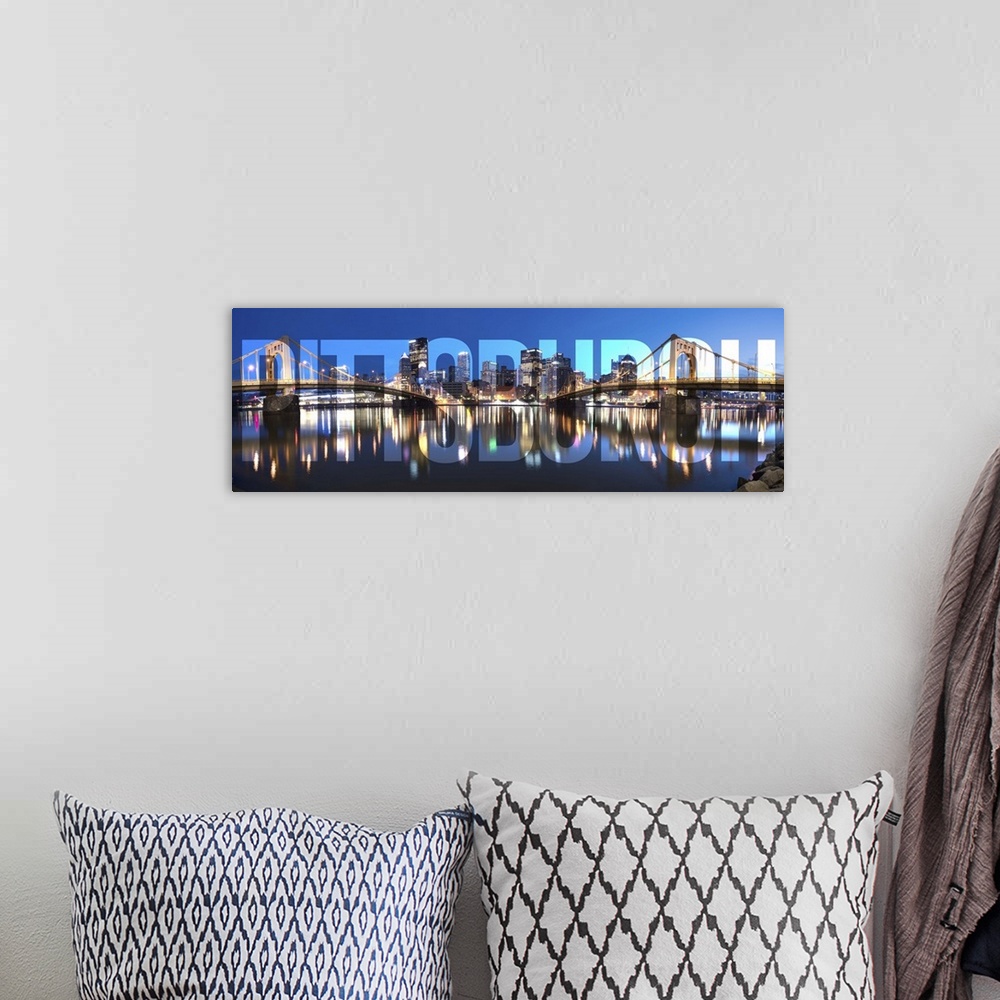 A bohemian room featuring Transparent typography art overlay against a photograph of the Pittsburgh city skyline.