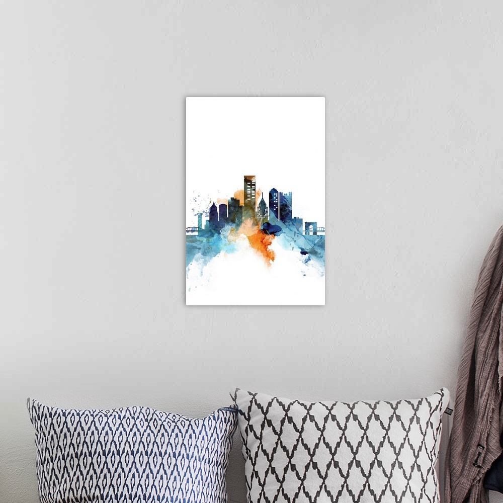 A bohemian room featuring The Pittsburgh city skyline in colorful watercolor splashes.