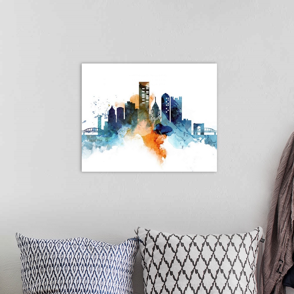 A bohemian room featuring The Pittsburgh city skyline in colorful watercolor splashes.
