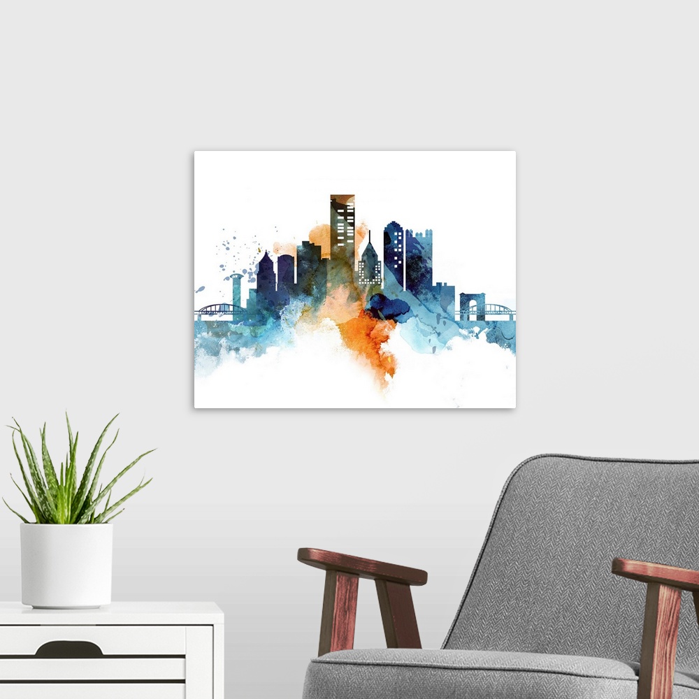 A modern room featuring The Pittsburgh city skyline in colorful watercolor splashes.