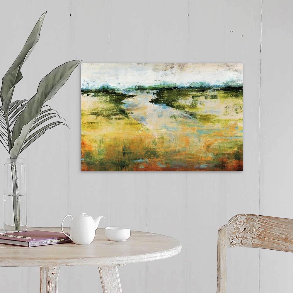 A farmhouse room featuring A flat landscape and horizon in this abstract painting created with vague and dripping shapes.