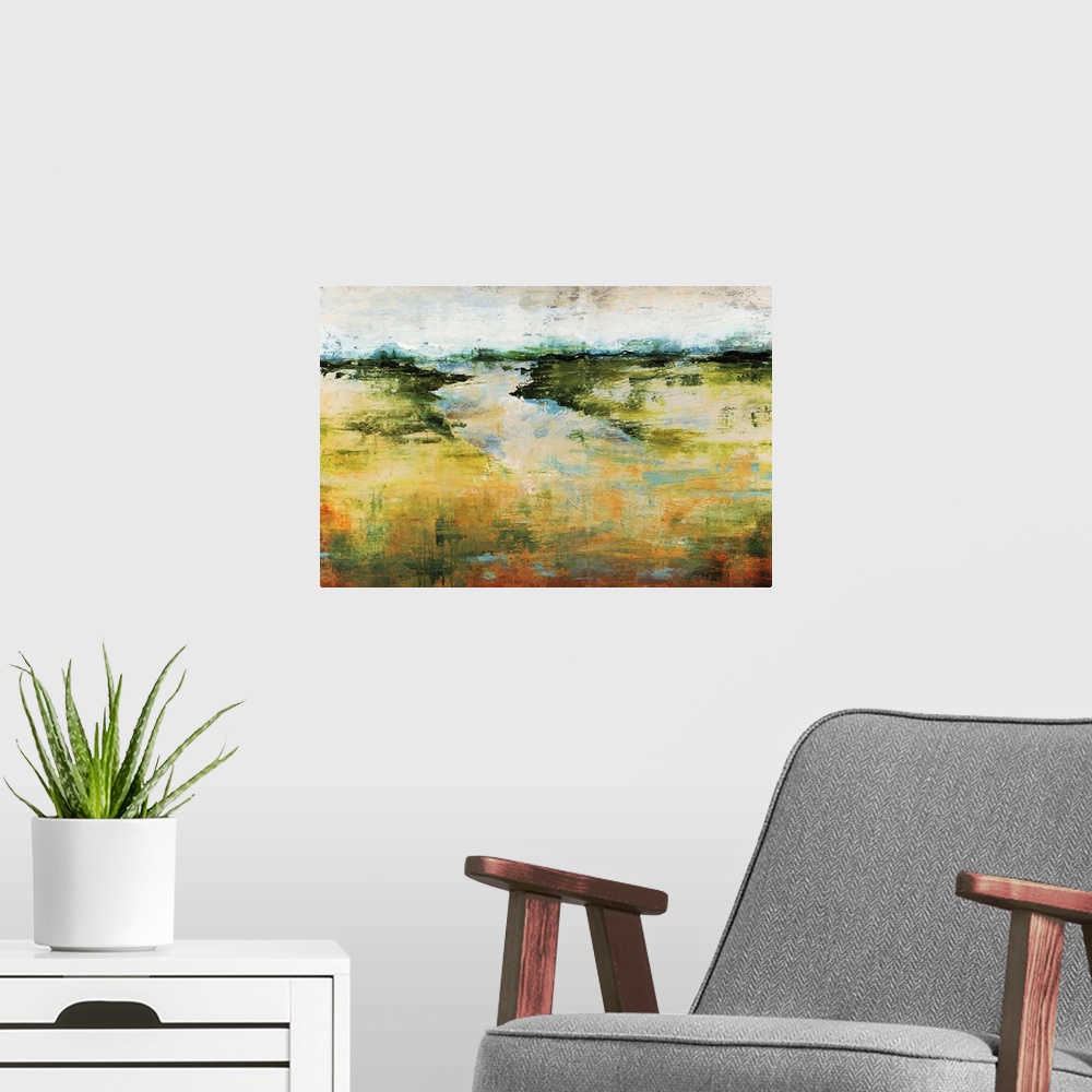 A modern room featuring A flat landscape and horizon in this abstract painting created with vague and dripping shapes.