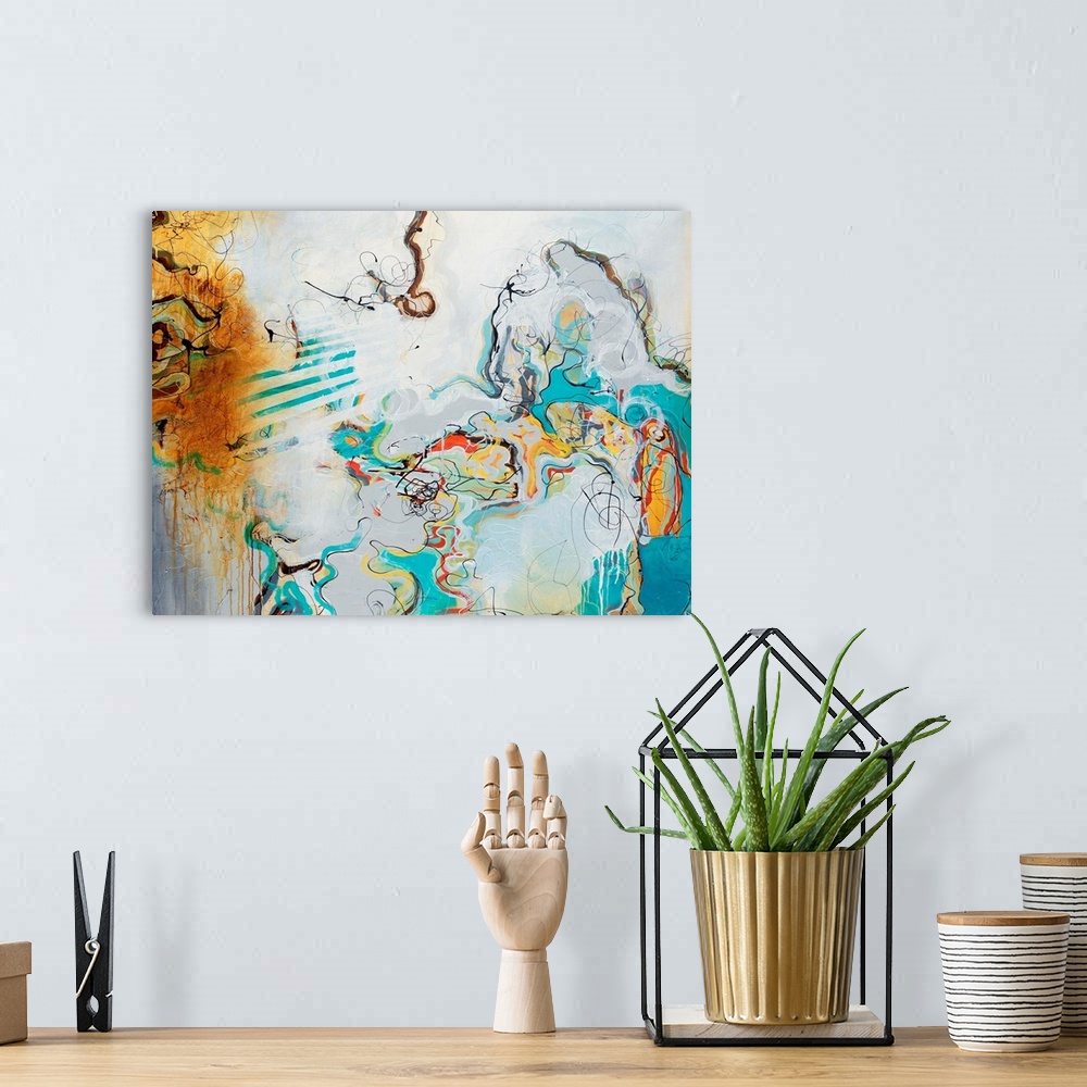 A bohemian room featuring Giant abstract art comprised of various earth and cool tones. Artist creates a busy piece by usin...