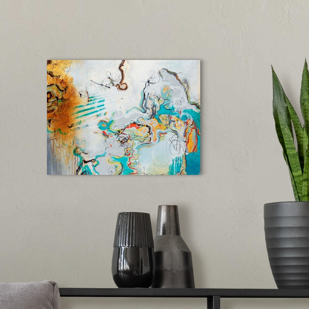 A modern room featuring Giant abstract art comprised of various earth and cool tones. Artist creates a busy piece by usin...