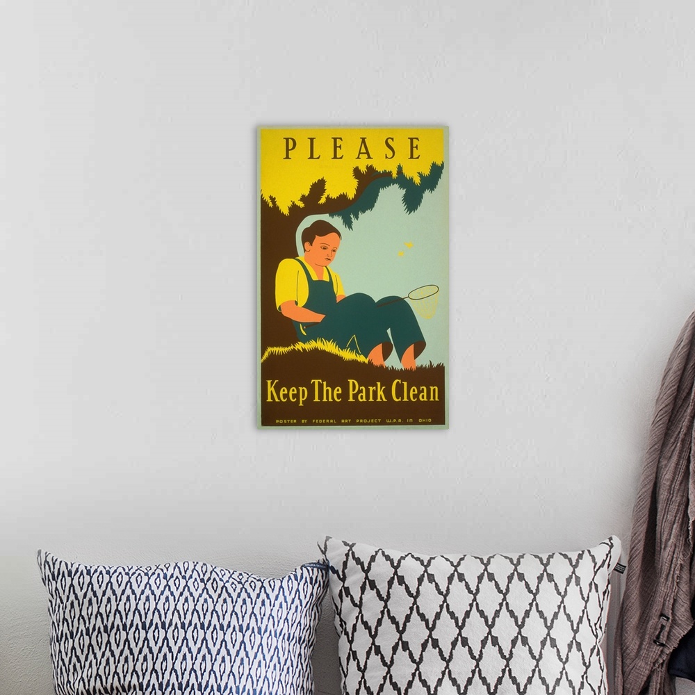A bohemian room featuring Please keep the park clean. Poster encouraging conservation of a natural resource area, showing a...