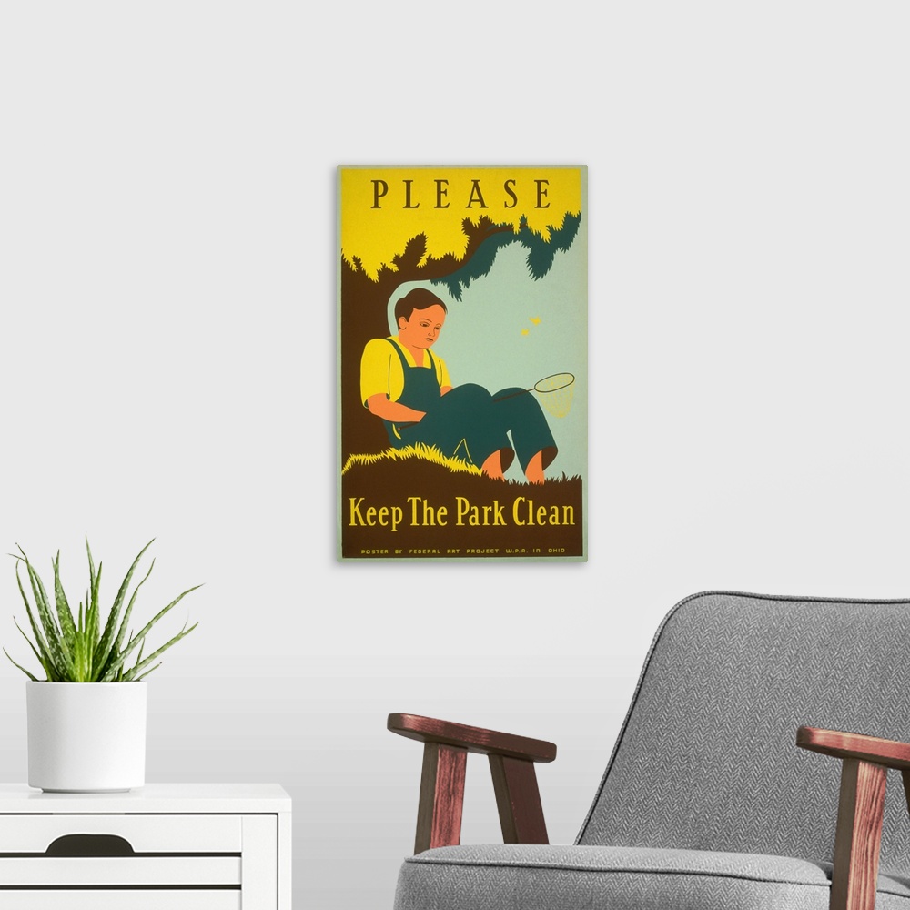 A modern room featuring Please keep the park clean. Poster encouraging conservation of a natural resource area, showing a...