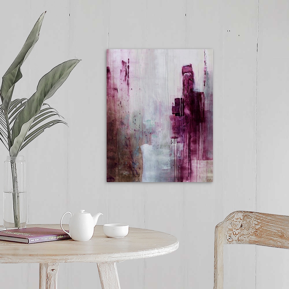 A farmhouse room featuring Contemporary abstract painting of plum tones smeared in a downward motion against a faded backgro...
