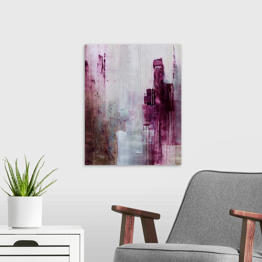 A modern room featuring Contemporary abstract painting of plum tones smeared in a downward motion against a faded backgro...