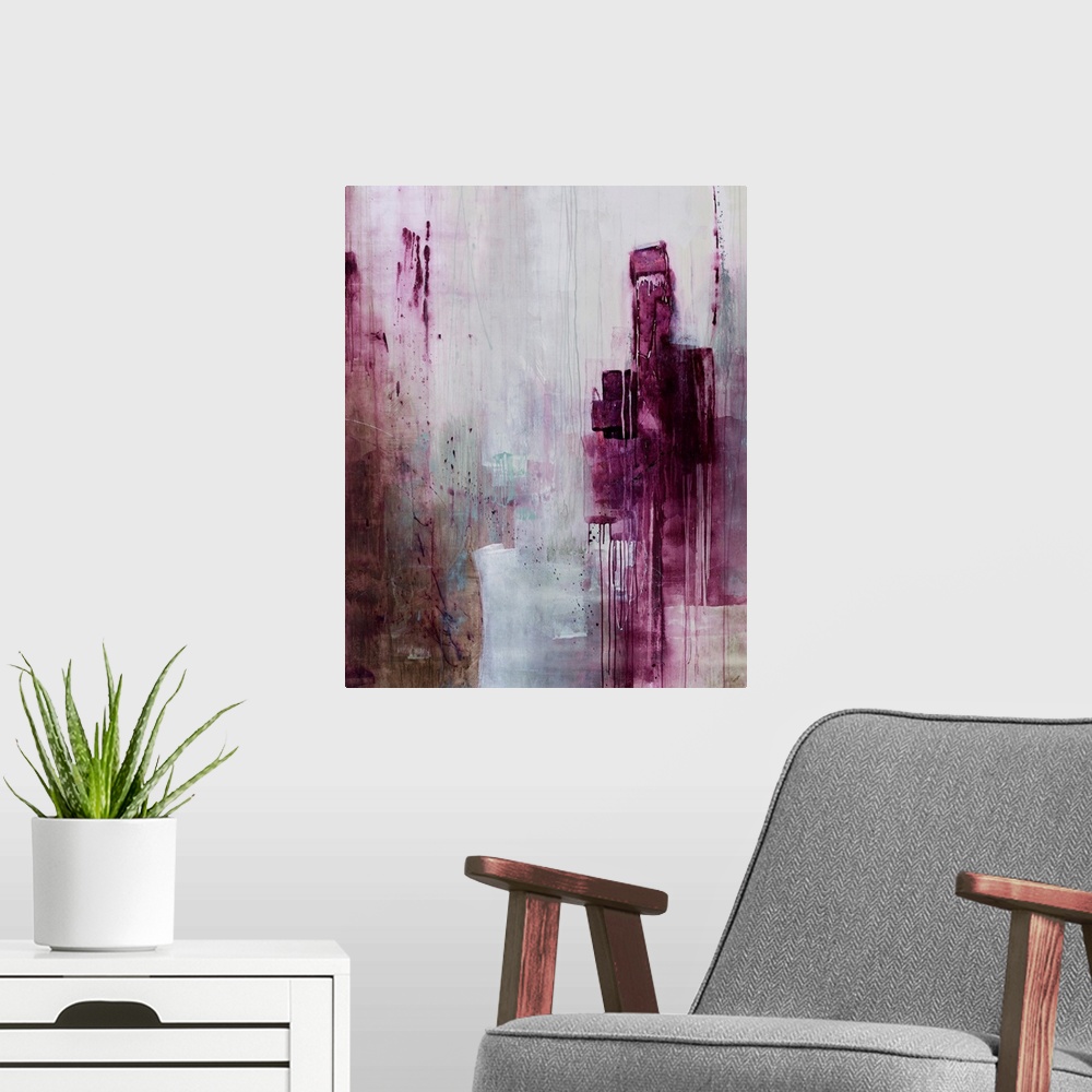 A modern room featuring Contemporary abstract painting of plum tones smeared in a downward motion against a faded backgro...