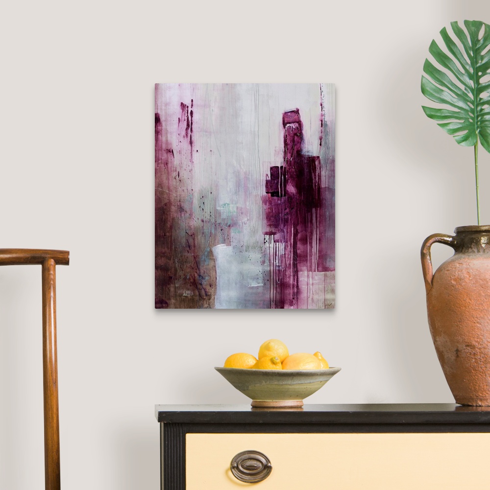 A traditional room featuring Contemporary abstract painting of plum tones smeared in a downward motion against a faded backgro...