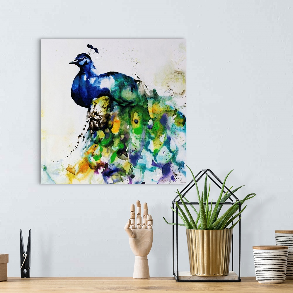 A bohemian room featuring A water color painting of a peacock that has loosely painted feathers with pops of yellow.