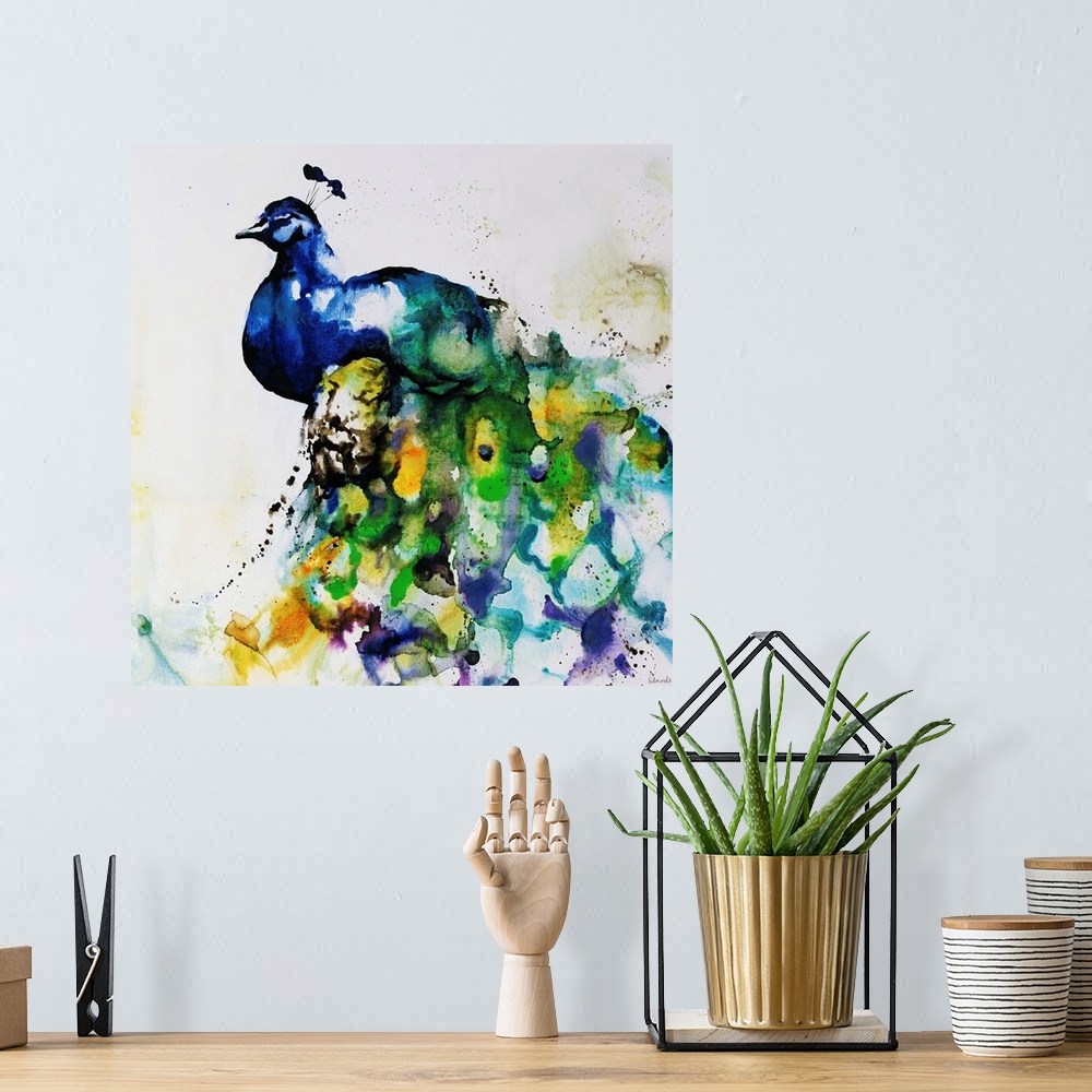 A bohemian room featuring A water color painting of a peacock that has loosely painted feathers with pops of yellow.