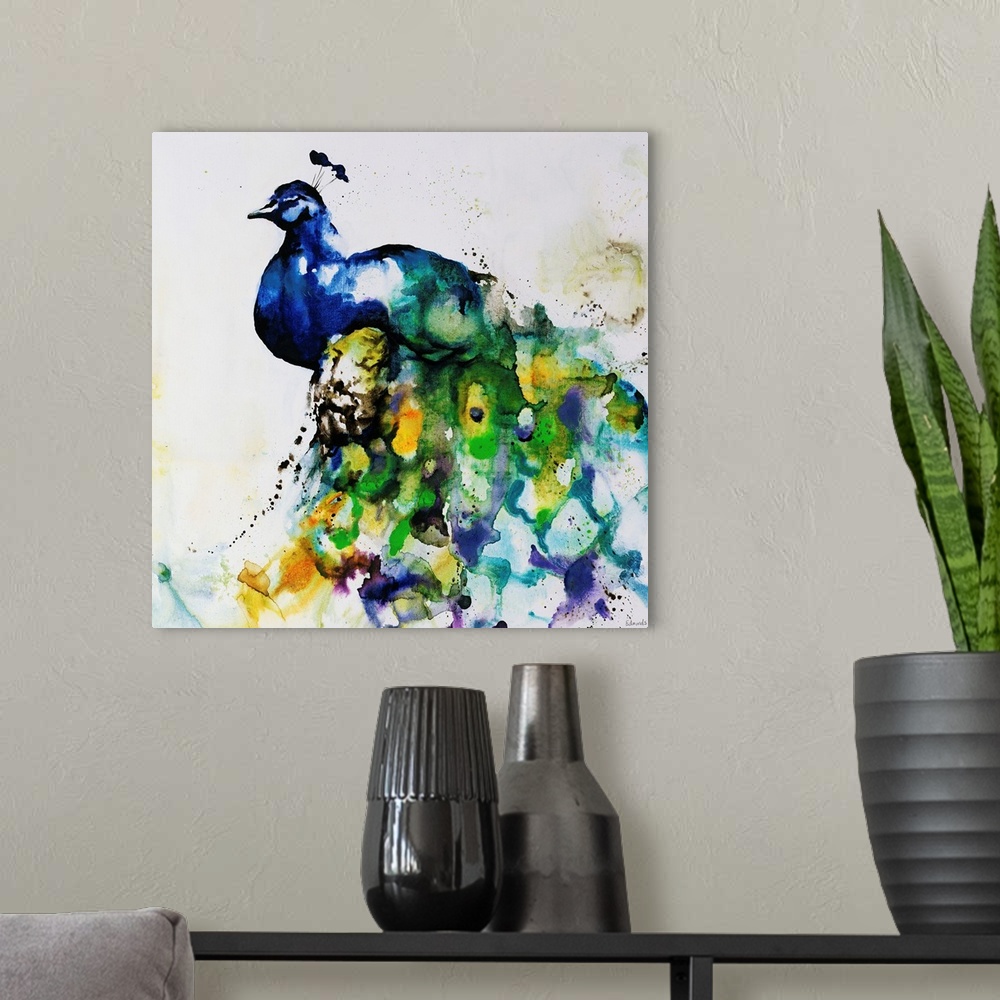 A modern room featuring A water color painting of a peacock that has loosely painted feathers with pops of yellow.