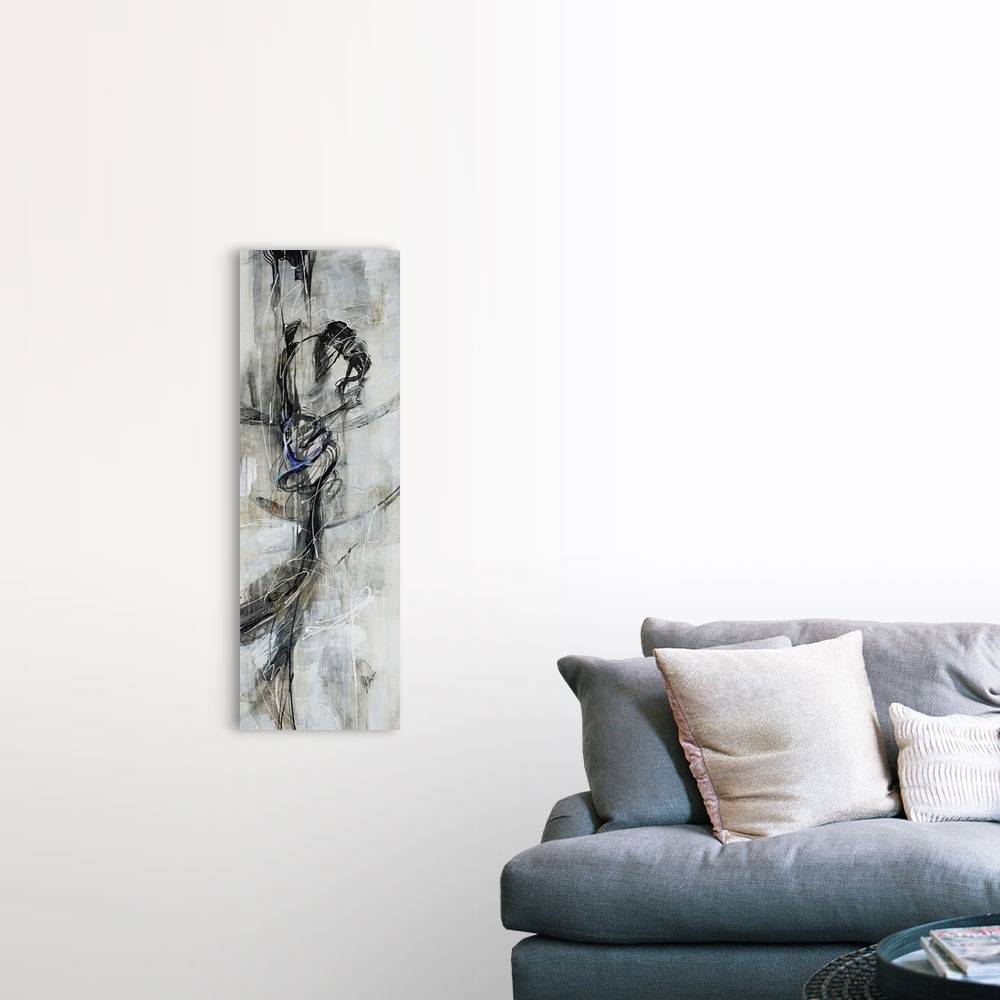 A farmhouse room featuring Figurative art work of a female dancer in various shades of black and gray.