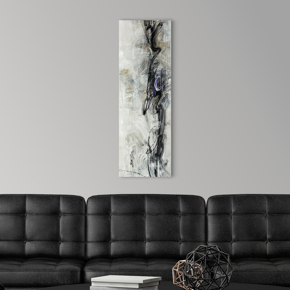 A modern room featuring Figurative art work of a female dancer in various shades of black and gray.