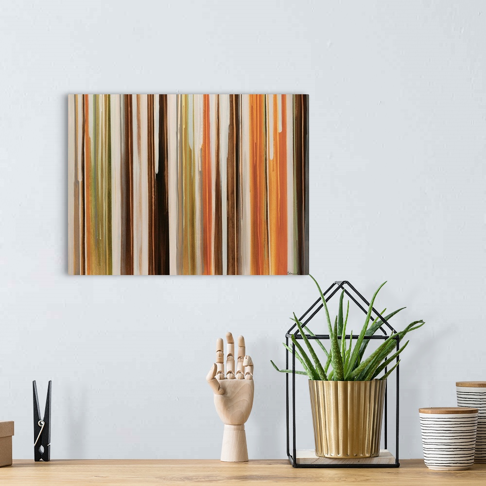 A bohemian room featuring Large abstract art includes an abundance of thin vertical lines in a variety of different earth t...