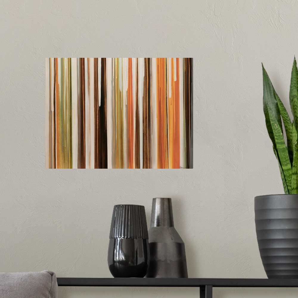 A modern room featuring Large abstract art includes an abundance of thin vertical lines in a variety of different earth t...