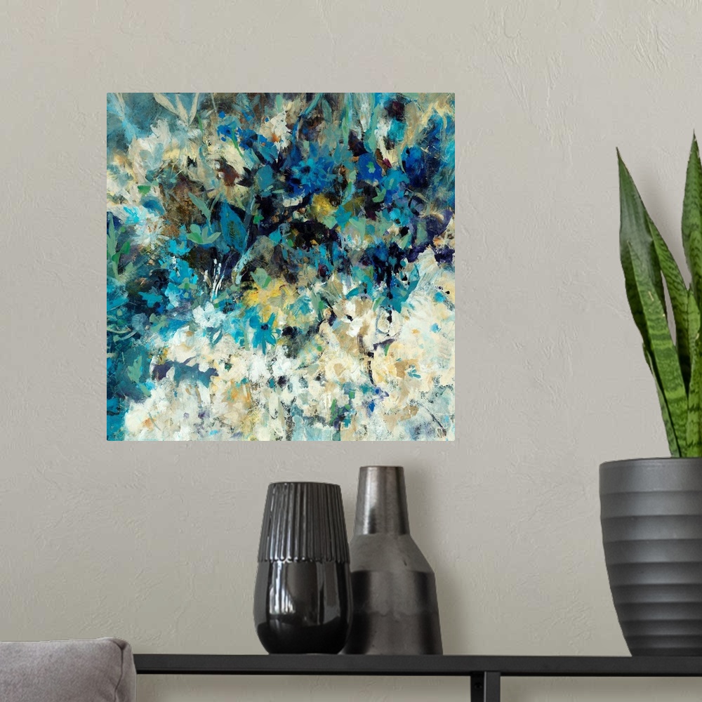 A modern room featuring Square, oversized abstract painting of many small flowers in light, cool tones. Painted with shor...