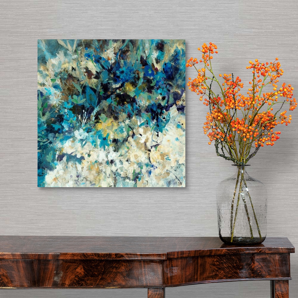 A traditional room featuring Square, oversized abstract painting of many small flowers in light, cool tones. Painted with shor...