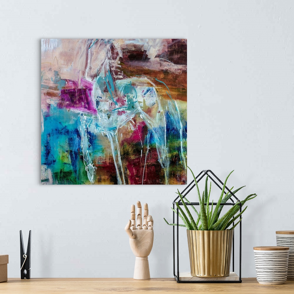A bohemian room featuring Abstract painting of a pony outlined in white, complemented by splotches of vibrant purple and br...