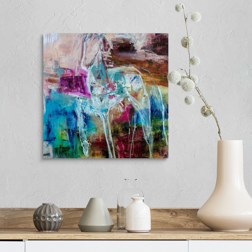 A farmhouse room featuring Abstract painting of a pony outlined in white, complemented by splotches of vibrant purple and br...