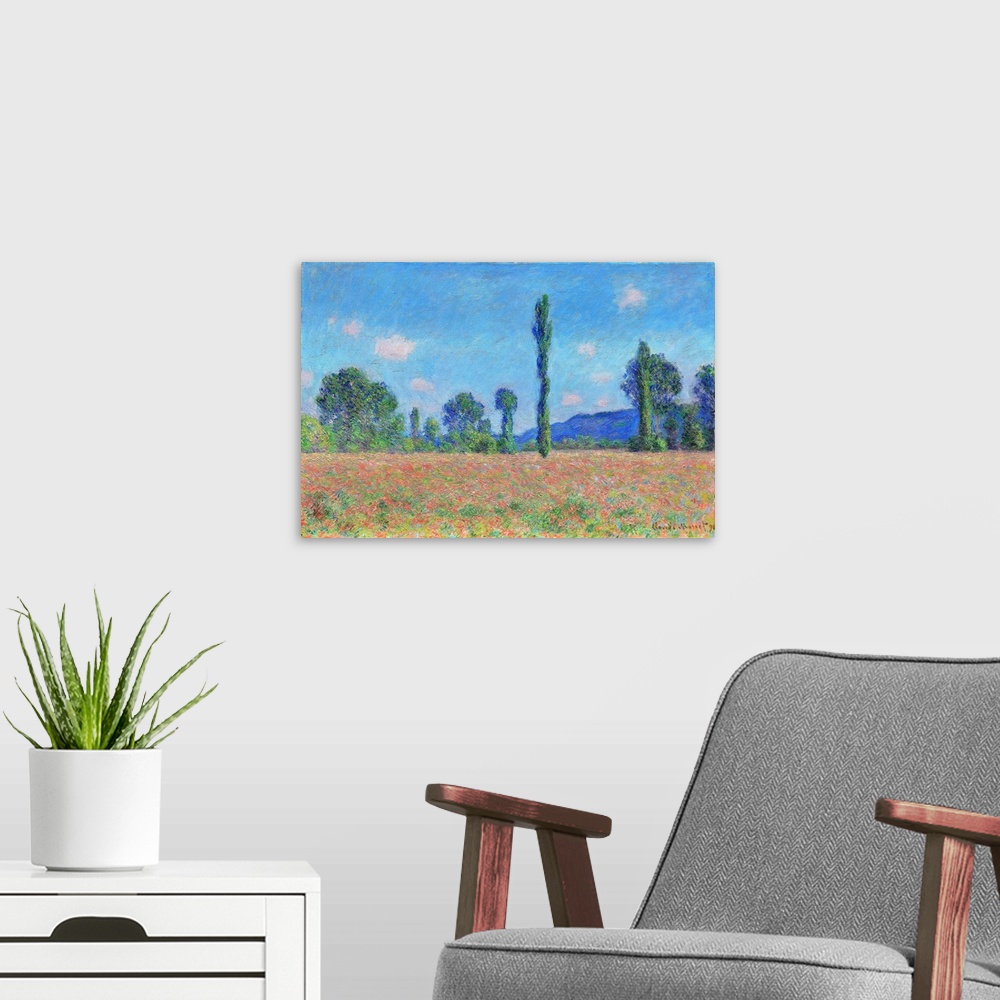 A modern room featuring In July 1890, Claude Monet began four almost identically scaled canvases showing poppy fields nea...