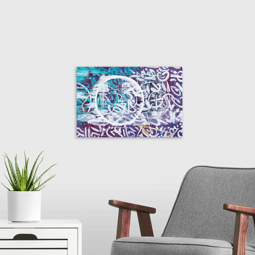 A modern room featuring Urban abstract painting in teal and purple covered in white symbols.