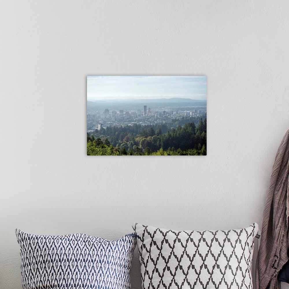 A bohemian room featuring View of a hazy Portland city skyline, Oregon