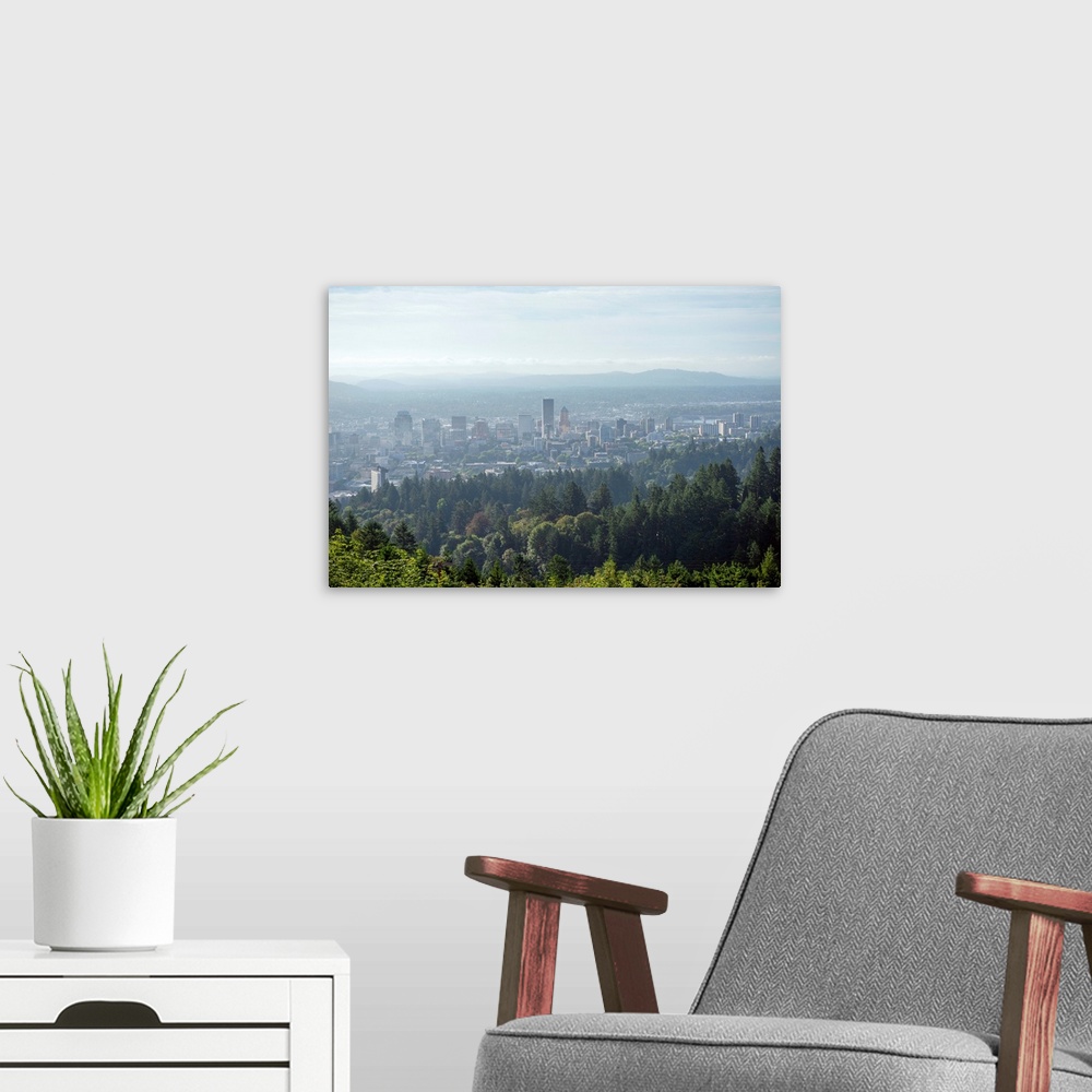 A modern room featuring View of a hazy Portland city skyline, Oregon