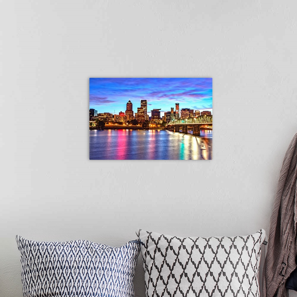 A bohemian room featuring Photograph of the Portland, Oregon skyline lit up at sunset with colors reflecting onto the Willa...