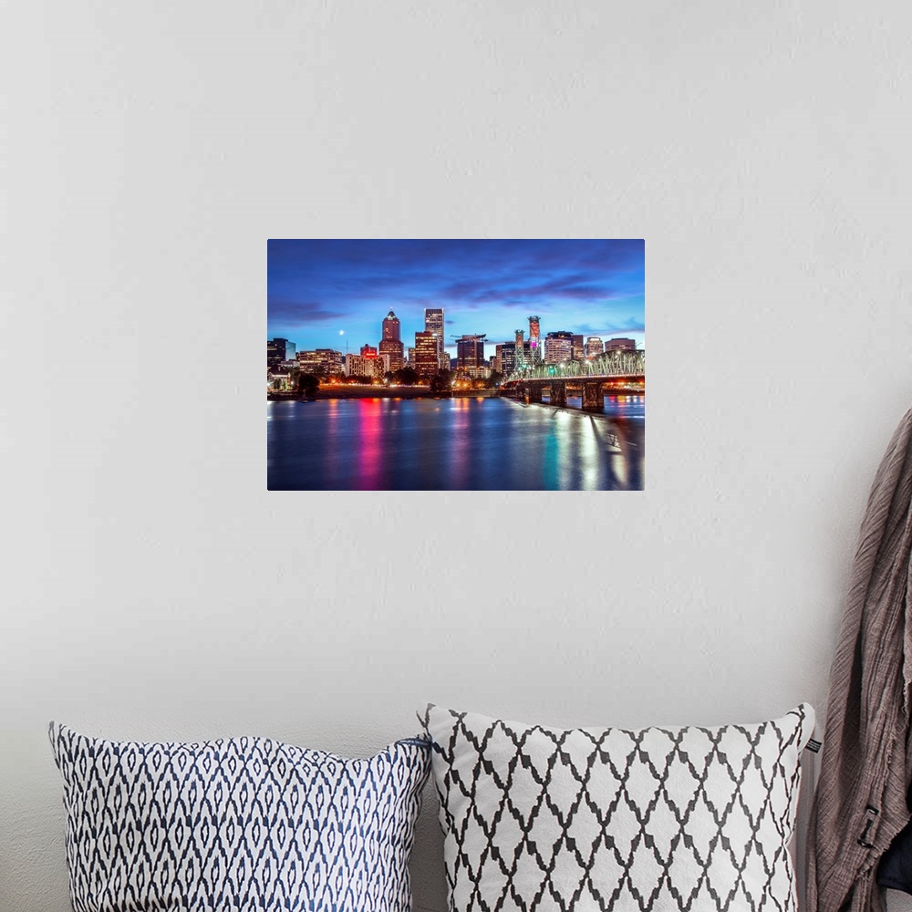 A bohemian room featuring Photograph of the Portland, Oregon skyline lit up at sunset with colors reflecting onto the Willa...