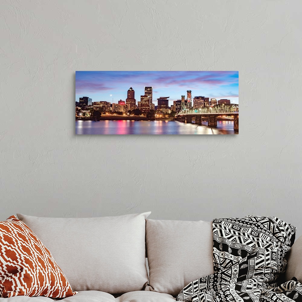 A bohemian room featuring Panoramic photograph of the Portland, Oregon skyline with a purple and pink sunset and a crescent...