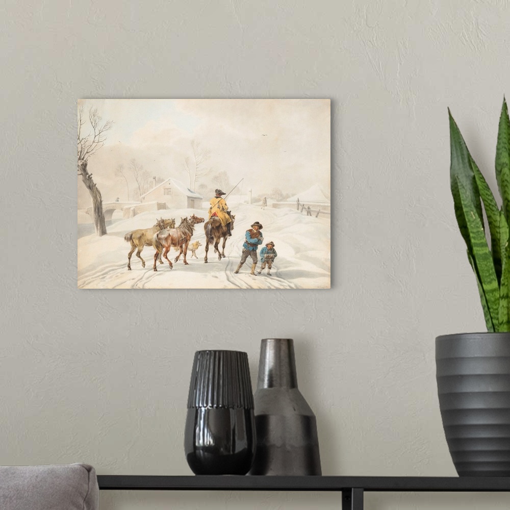 A modern room featuring Postilion on Horse in a Winter Landscape