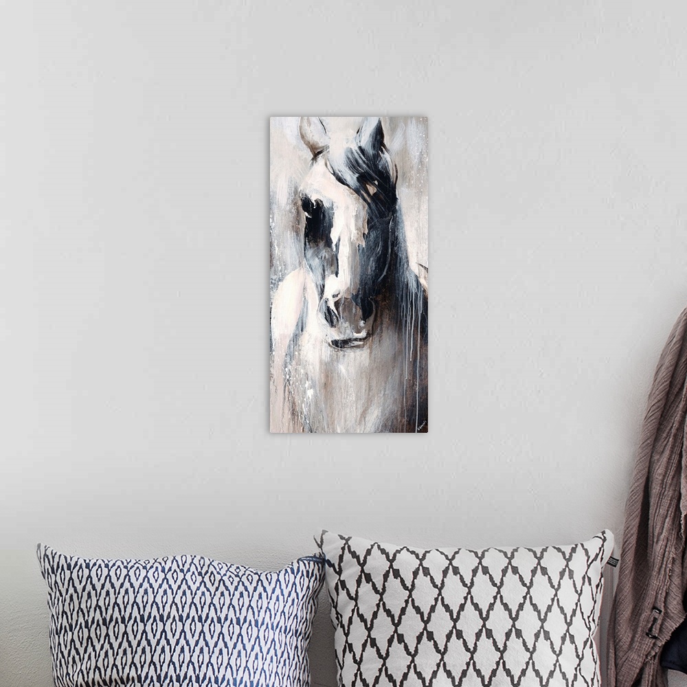 A bohemian room featuring Neutral-toned painting of a horse with paint drips.