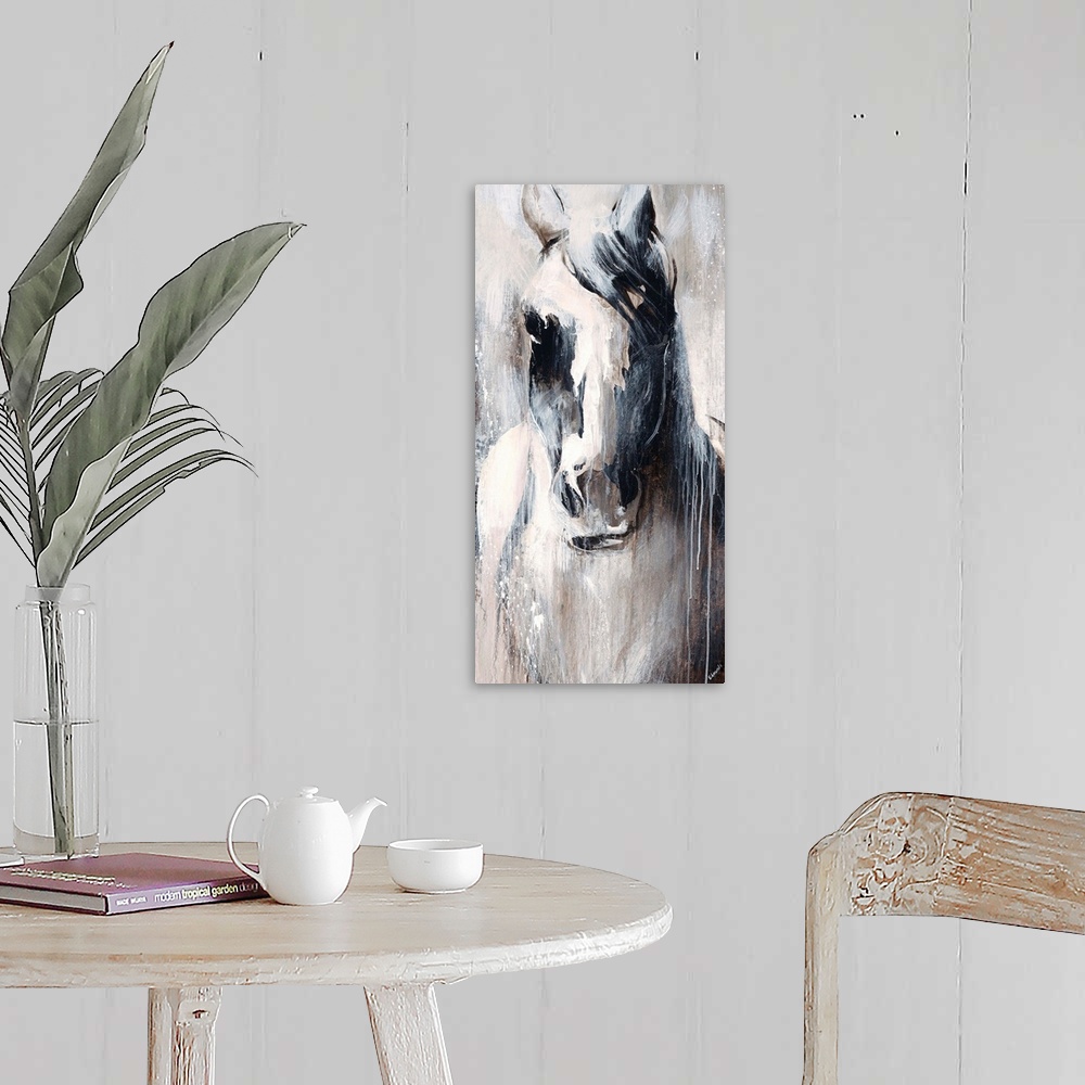 A farmhouse room featuring Neutral-toned painting of a horse with paint drips.