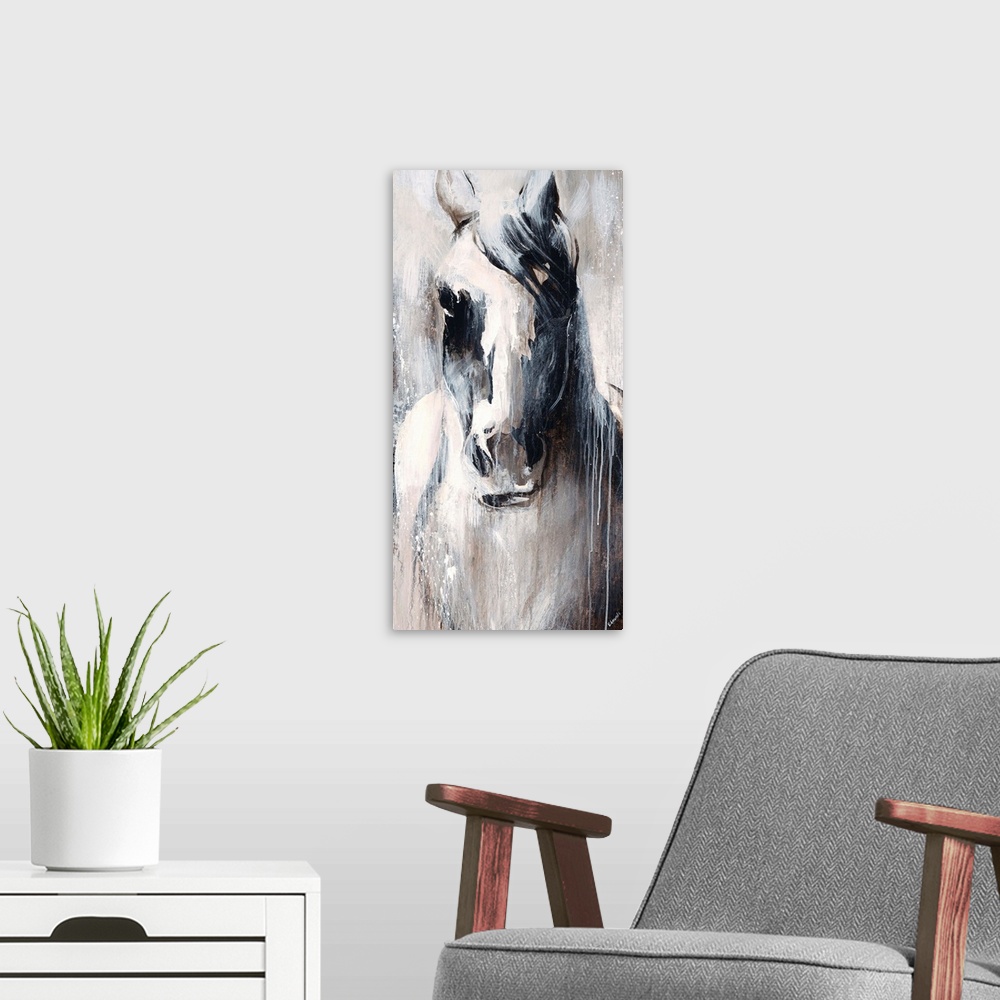 A modern room featuring Neutral-toned painting of a horse with paint drips.